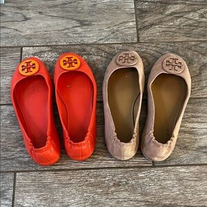 Tory Burch Orange Red and Sparkle Pale Pink Ballet Flats- set of 2